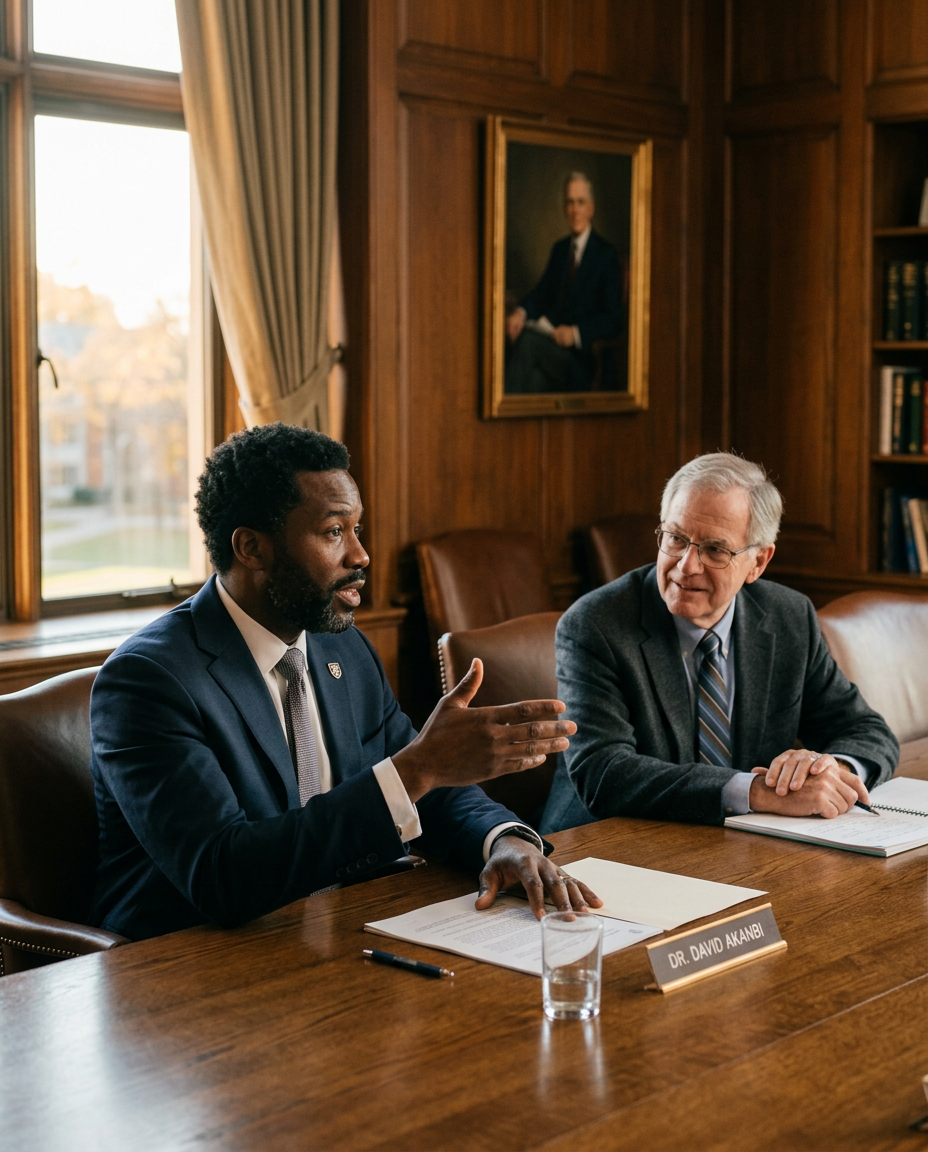 Two university leaders in an advisory discussion in a wood paneled room