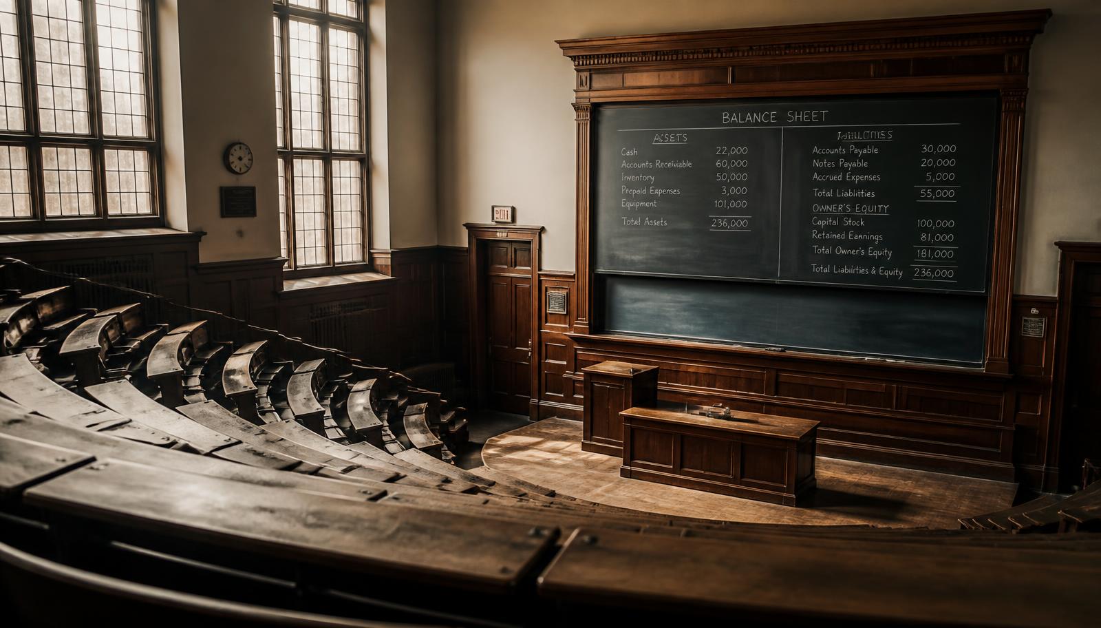Historic university lecture hall with a balance sheet written on the chalkboard