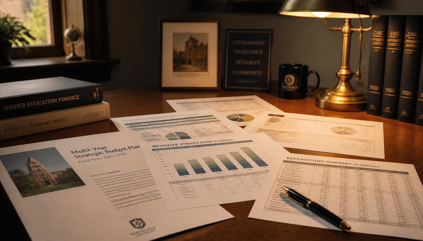 Multi-year strategic budget planning documents on a university office desk