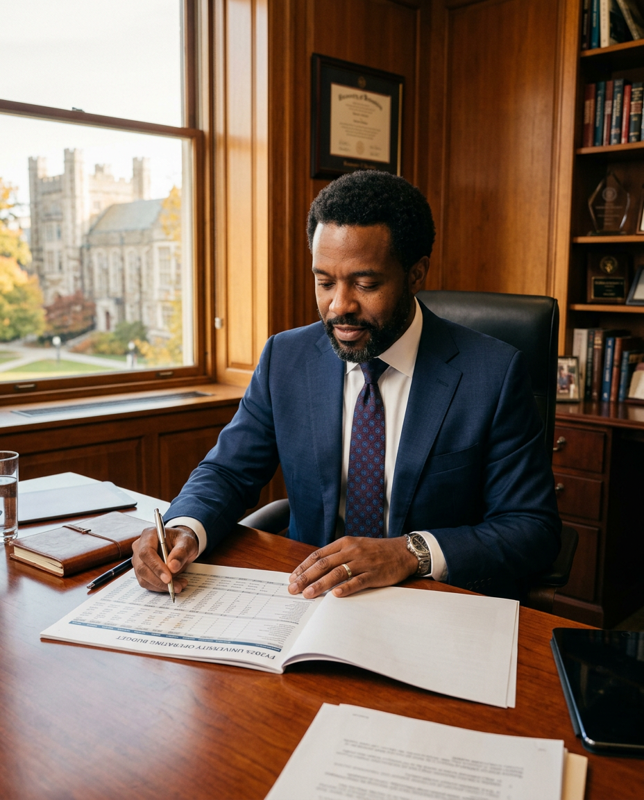 University finance executive reviewing budget reports at a wooden desk