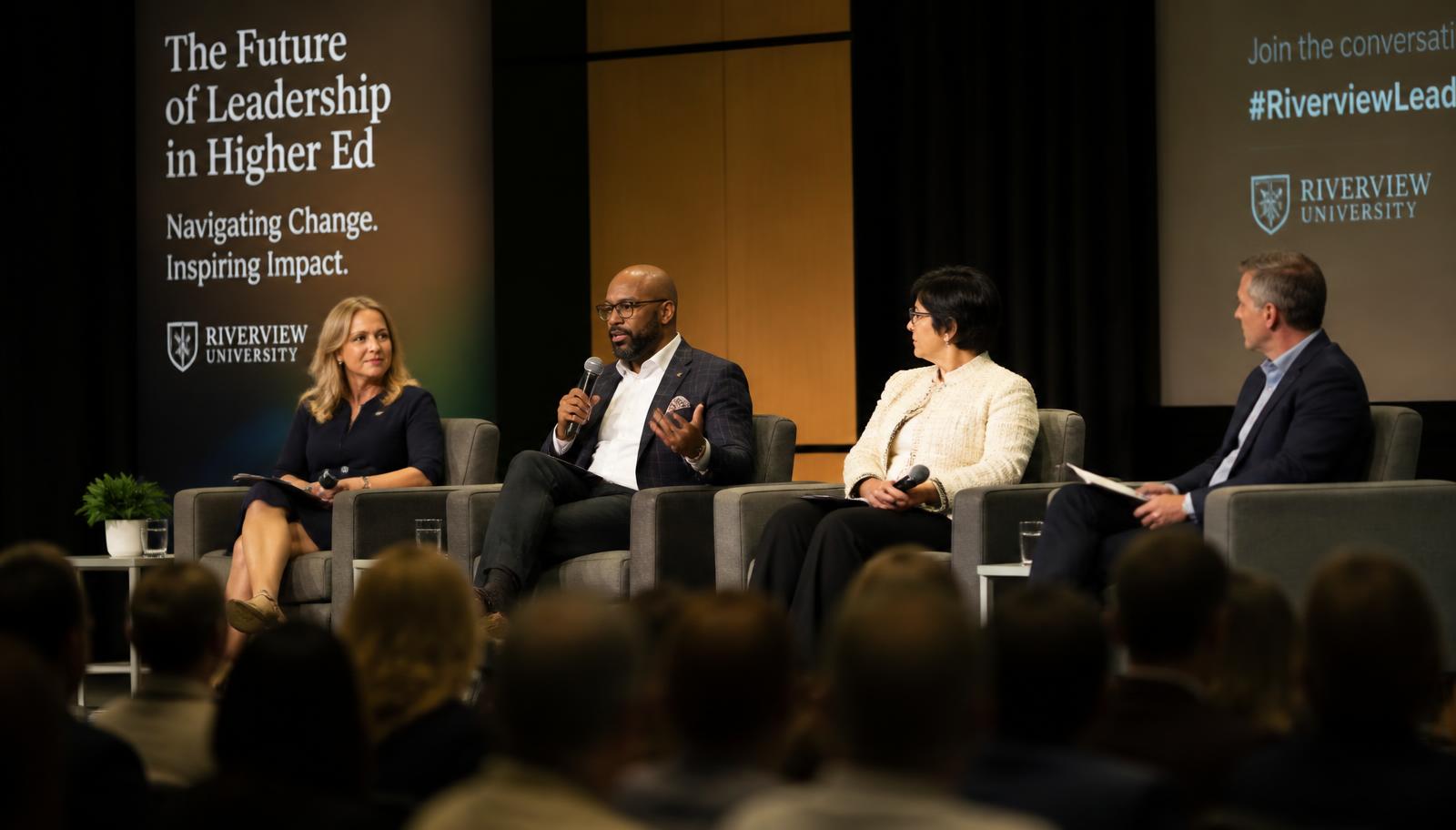 Higher education leadership panel discussion on a conference stage