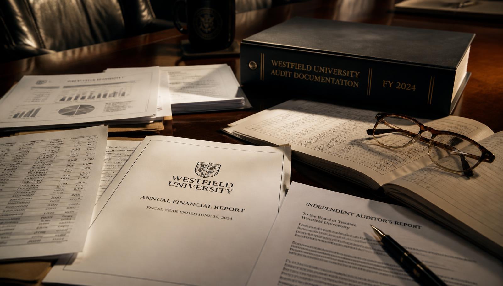 University audit documentation and annual financial reports on a boardroom table