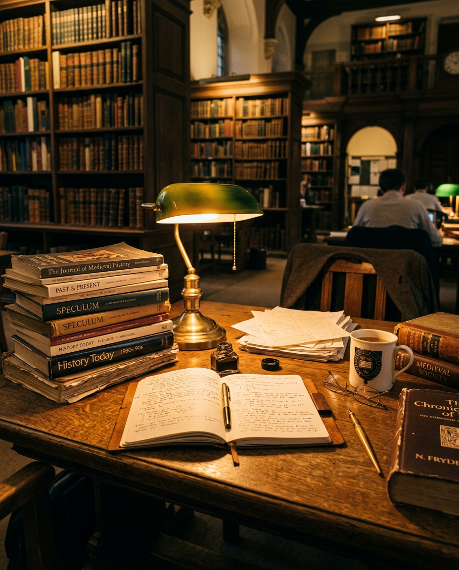 Academic research desk with scholarly journals in a university library