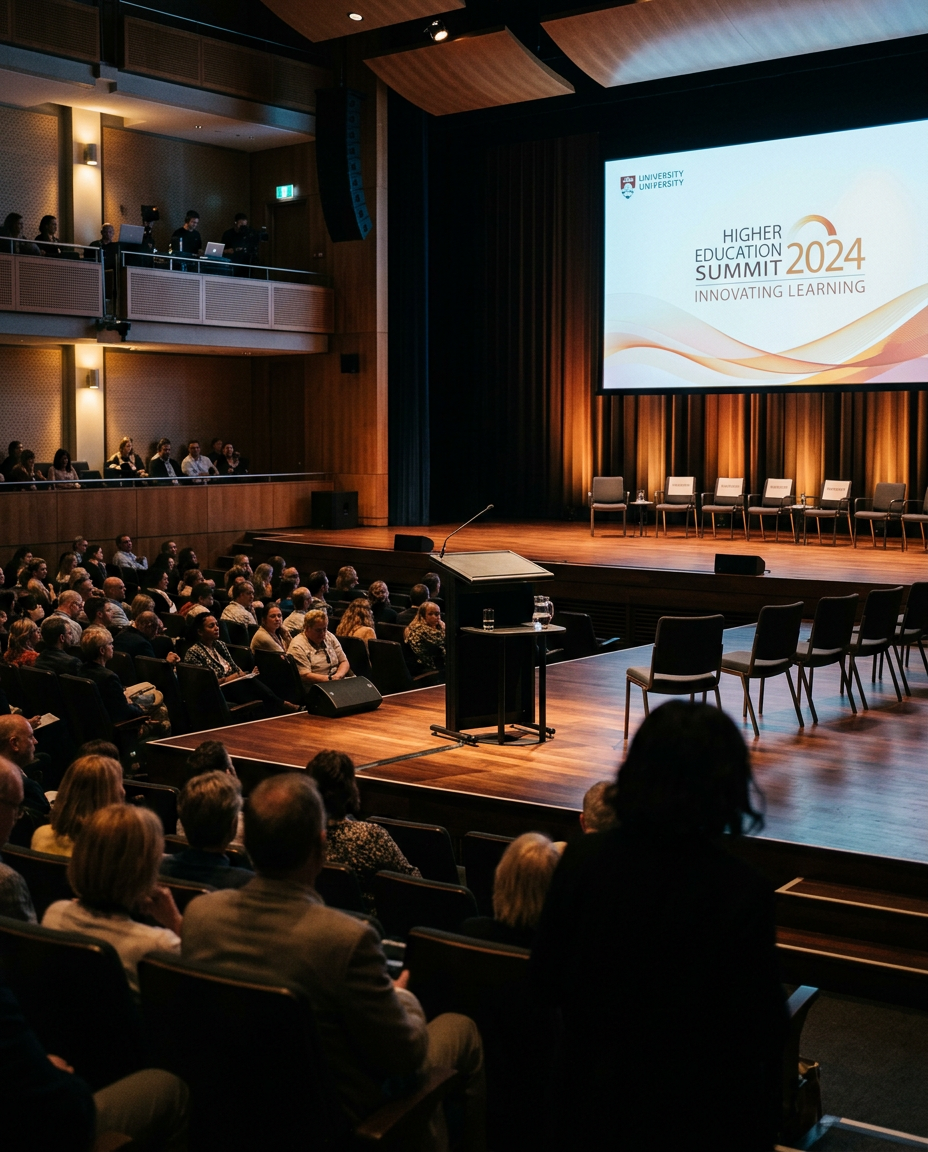 Higher education conference stage with lectern and audience