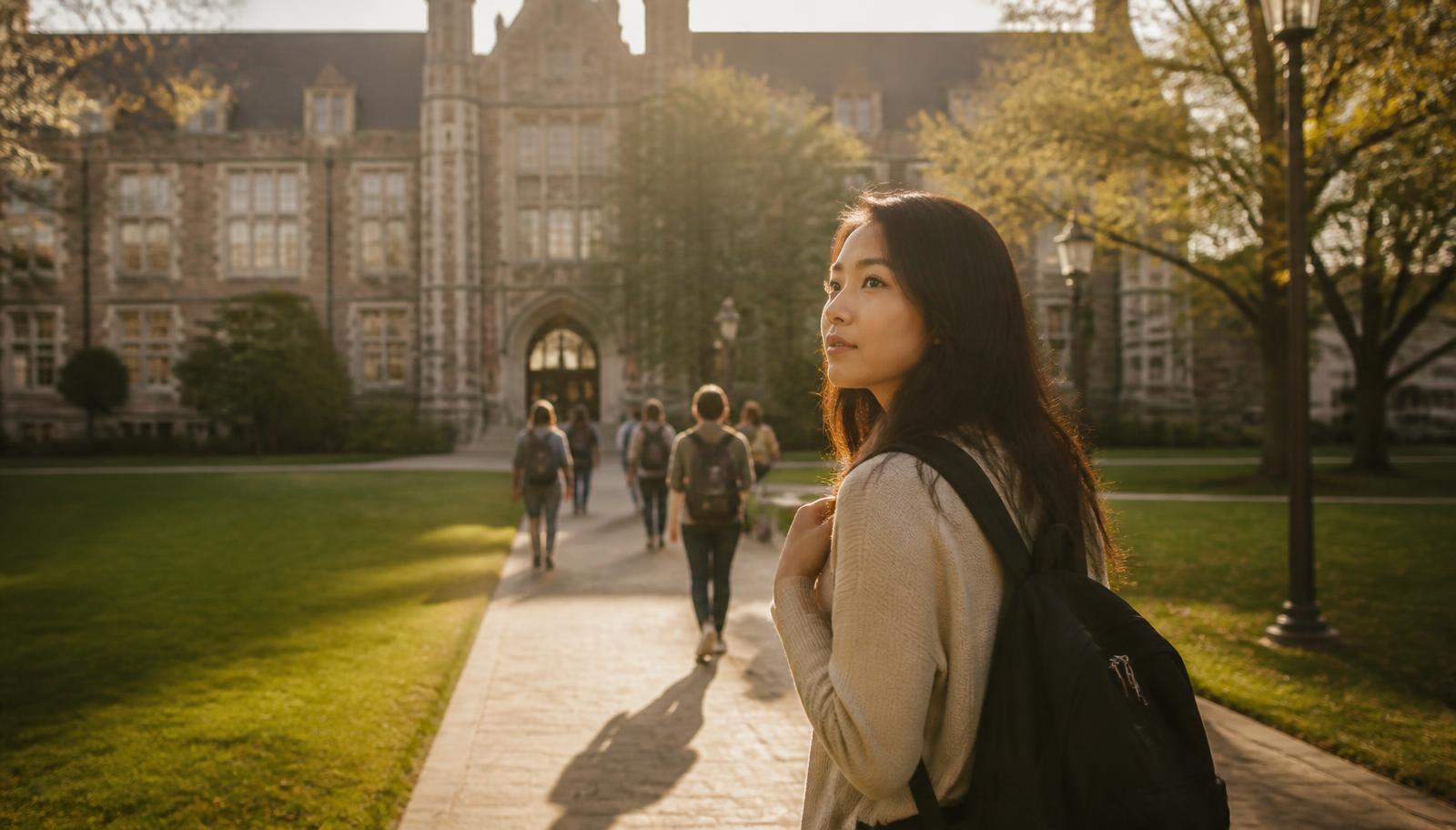 Students walking across a sunlit historic college campus quad