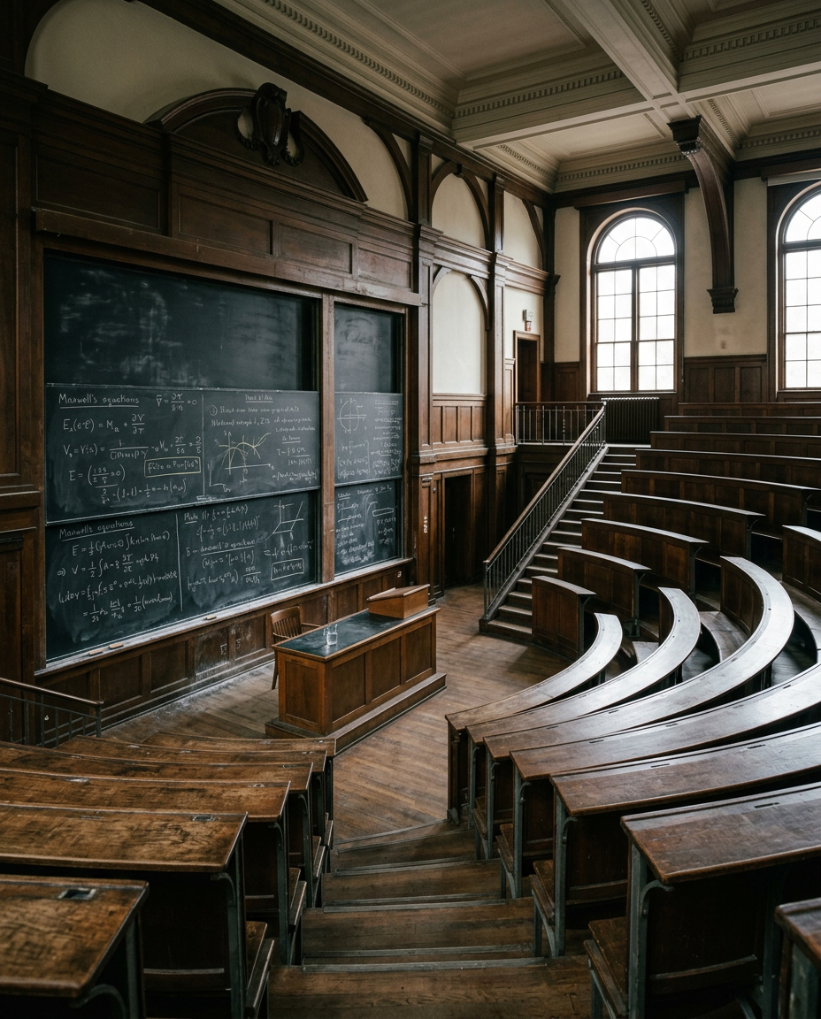 Historic university lecture hall with tiered wooden seating