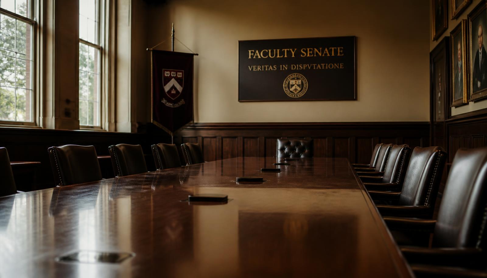 Empty university faculty senate meeting room with a long polished table